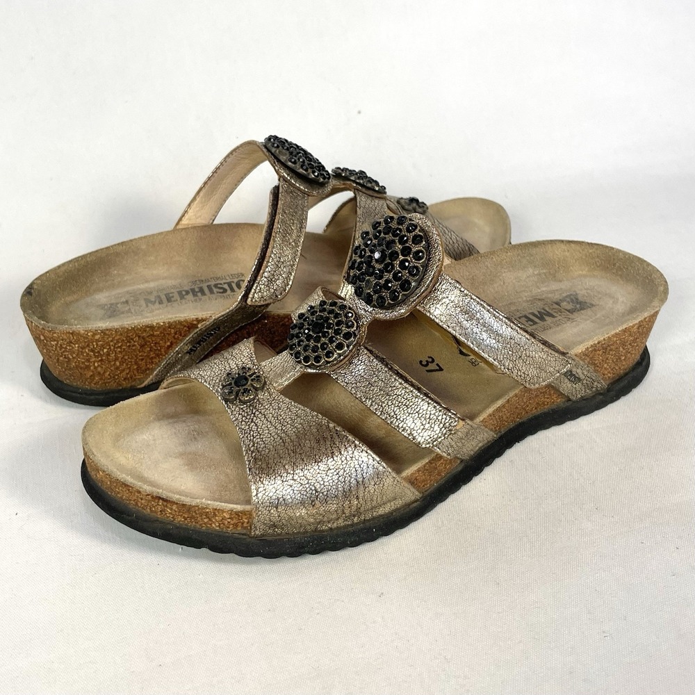 Mephisto Air-Relax Gold Leather Jeweled Wedge Slide Sandals Womens EU 37 US 7